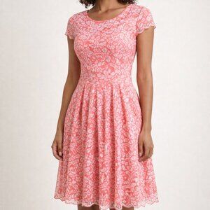 Betsey Johnson dress, sz 8, cream lace over coral lining, short sleeve, EUC
